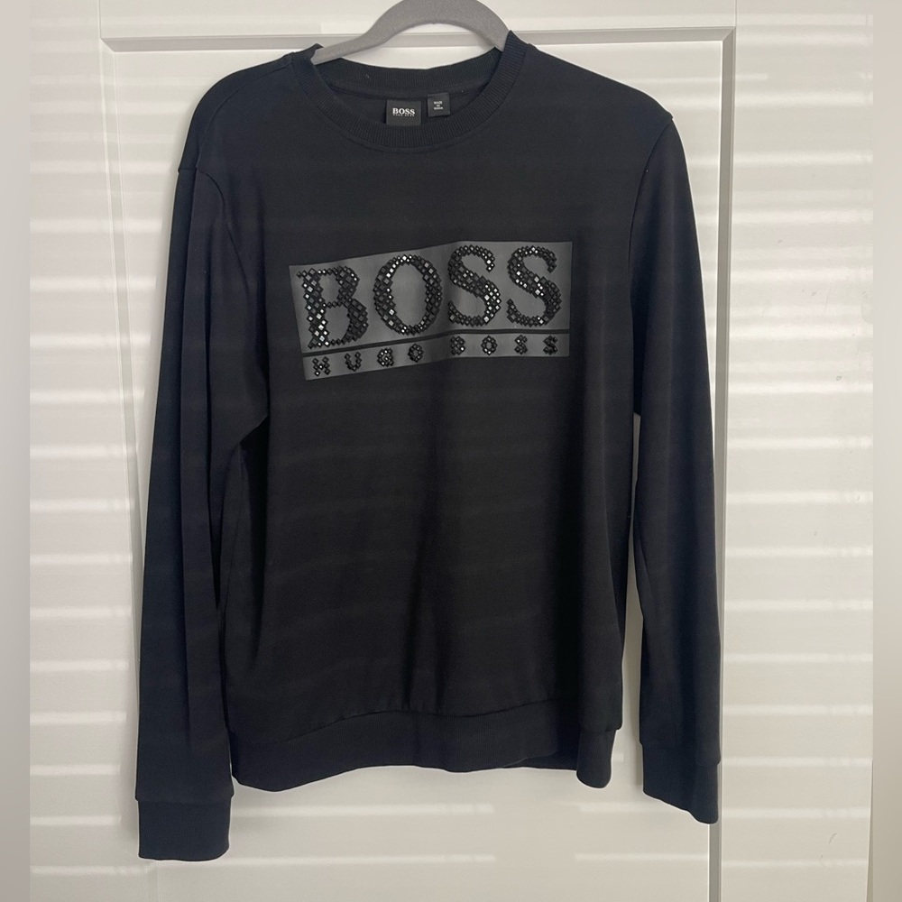 Black rhinestone BOSS Logo-patch cotton sweatshirt with